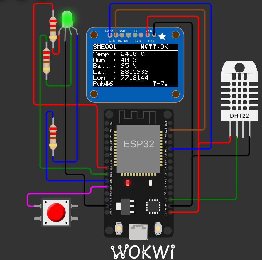 ESP32 IoT Device Simulator: Wokwi simulation of sensor telemetry and MQTT publishing.